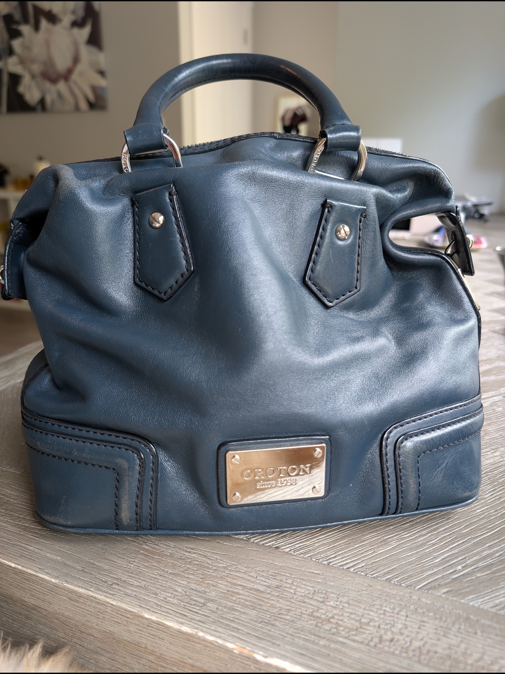 Oroton Deep Navy Leather Satchel with Polished Hardware